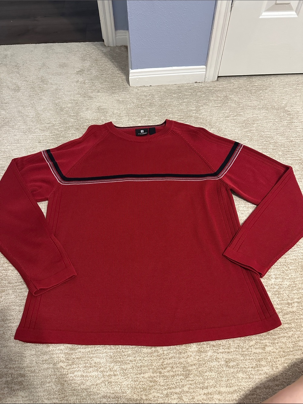 Men's Red Crewneck Sweater with Contrast Chest Stripe- Size XL